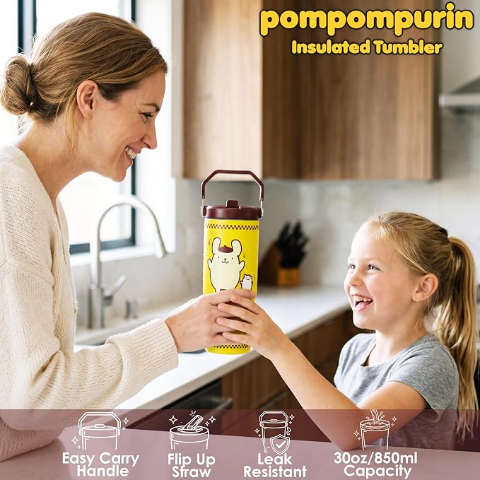 Get Trend Hello Kitty Pompompurin 30oz Tumbler with Handle and Straw, Kids Stainless Steel Insulated Water Bottle,BPA-Free,Leak-Proof, Cold for 12h, Hot 5h, Kawaii Gifts for Girls(Yellow Pompompurin)