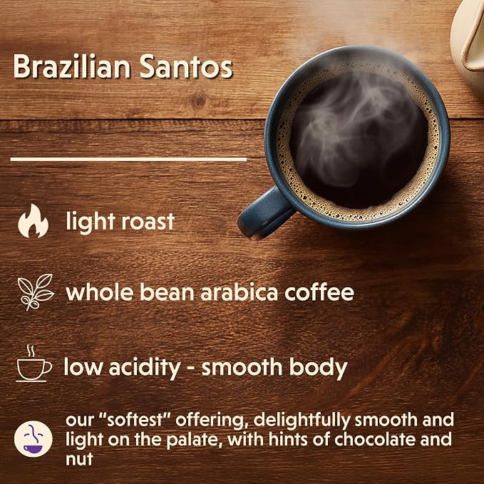 Coffee Bean Direct Brazilian Santos, Whole Bean Coffee, Arabica, Light Roast, 2.5 Pound Bag (Pack of 1)