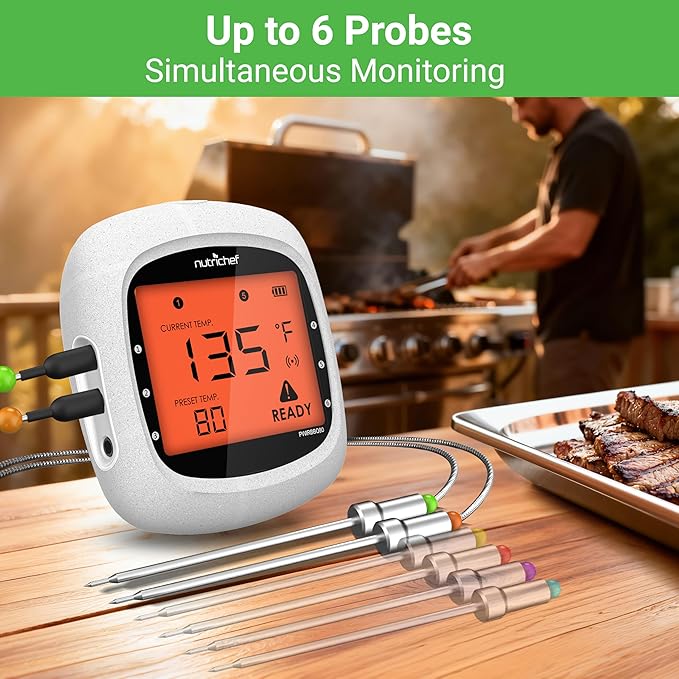 NutriChef Bluetooth Meat Thermometer for Grilling and Smoking, up to 6 Temperature Probes and Smart APP, 400 Ft Range, LCD