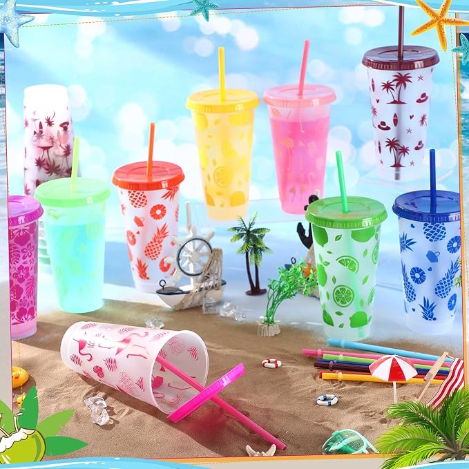 Cholemy 24 Pcs 24 oz Hawaiian Plastic Cups Bulk Luau Tumblers with Straw and Lid 12 Design Reusable Summer Travel Cups for Hawaiia Party Favors Luau Party Supplies