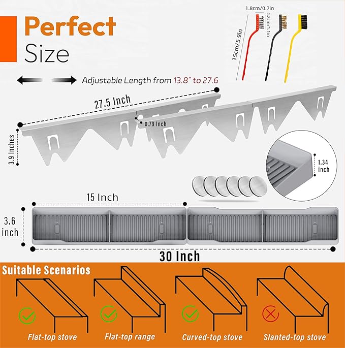 Stove Gap Covers Stainless Steel 2PC(0.08"–0.7"W,13.8"–27.5"L) + 30"(2x15") Magnetic Stove Shelf|2-in-1 Adjustable Counter Gap Filler&Range Organizer|Heat Resistant Bonus Cleaning Brushes&Pads