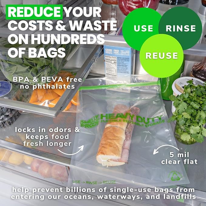Smelly Proof Reusable Storage Bags Bundle: 15-Pack Clear Heavy Duty Bags, 5mil, USA-Made, PEVA & BPA-Free, Dishwasher-Safe, Triple Track Trilock Zipper Bags