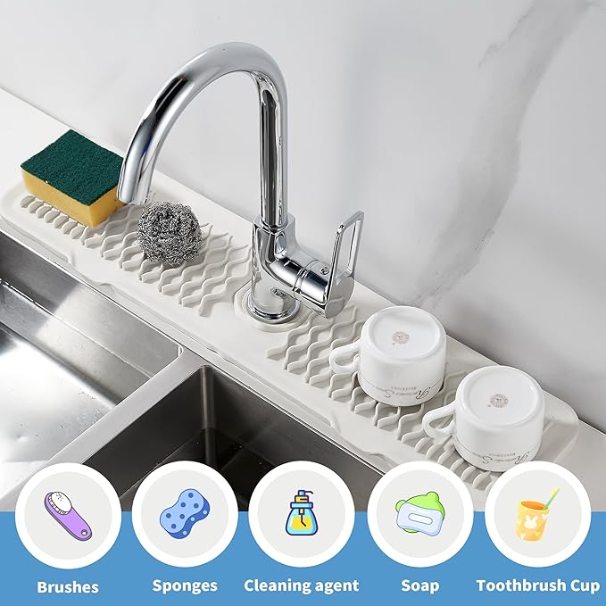 Silicone Faucet Splash Guard Cream White/Beige Kitchen Sink Mat Dish Drying Mats Sponge Holder Bathroom Countertop Protect Kitchen Sink Splatter Screen Faucet Splash Guard Faucet Air Drying Mat