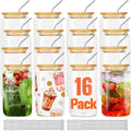 ASKIZ 16Pcs Glass Cups With Bamboo Lids and Straws,16Oz Ice Coffee Cup,Drinking Glasses Cups Set,Water Bottles Glasses for Juicing,Beer,Coffee,Soda,Tea-Glass Tumbler Reusable for Gifts