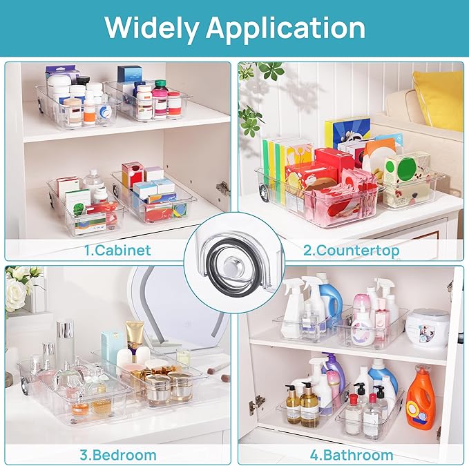 Vtopmart Fridge Organizer Bins on Wheels, Clear Roll Out Drawer Refrigerator Organizing Caddy with Dividers, Thick Plastic Storage Bins for Pantry, Kitchen, Cabinet etc