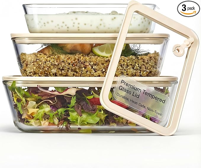Vase and Vessel Glass Storage Container Set, Borosilicate Glass, Tempered Glass Lids, Baking Pan, Airtight with Vents, Microwave, Oven & Dishwasher Safe, (Rectangular - Set Of 3)