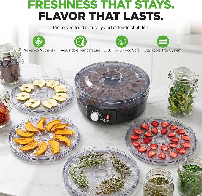 Nutrichef Electric Countertop Food Dehydrator | Professional Multi-Tier Food Preserver | Dehydrate Fish, Beef Jerky, Meats, Mushrooms, Fruits & Vegetables | 5 Stackable Trays for Easy Cleaning