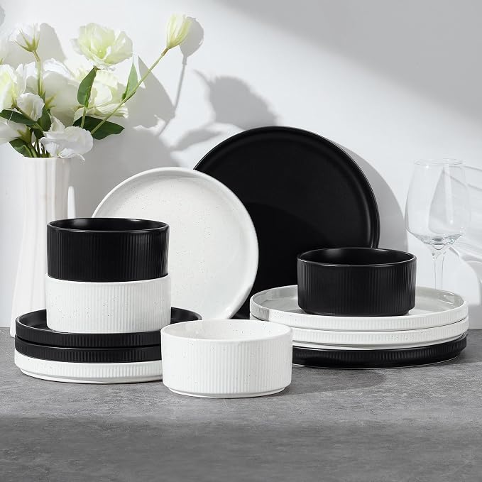 E-far 12-Piece Plates and Bowls Sets, Stoneware Dinnerware Dishes Sets for 4, Chip & Scratch Resistant Ribbed Dish Set for Home Restaurant, Microwave & Dishwasher Safe Speckled White & Matte Black