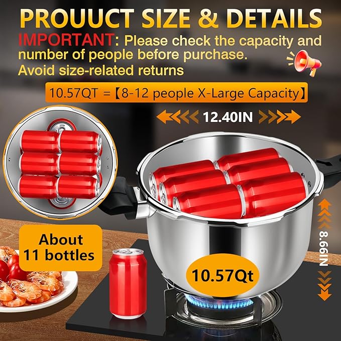 10QT Stainless Steel Pressure Cooker, Heavy Duty Food Grade 304 Pressure Canner with Safety Valve & Heat-Resistant Handle, Compatible with All Stovetops for Home Cooking & Canning