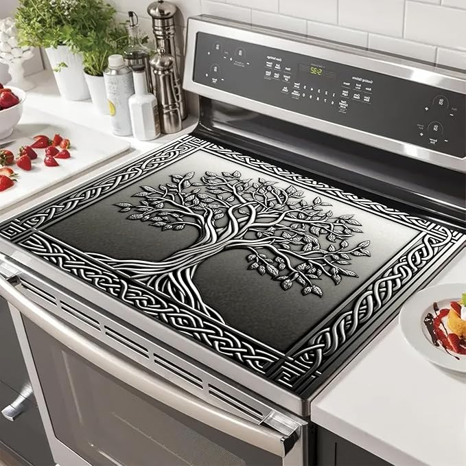 HOMETITUTE Tree Stove Top Covers Pad 28 x 20 inches Silver Tree of Life Kitchen Decorations Dish Drying Mat Coffee Bar Mats Kitchen Decor Absorbent Pad Fit Coffee Maker Machine Dish Drying