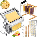 Hushee 8 Pcs Pasta Maker Machine Set Including Stainless Steel Noodle Maker Machine Wood Pasta Drying Rack Ravioli Stamp Maker Cutter with Pasta Cutter Wheel Mini Rolling Pin Cleaning Brush