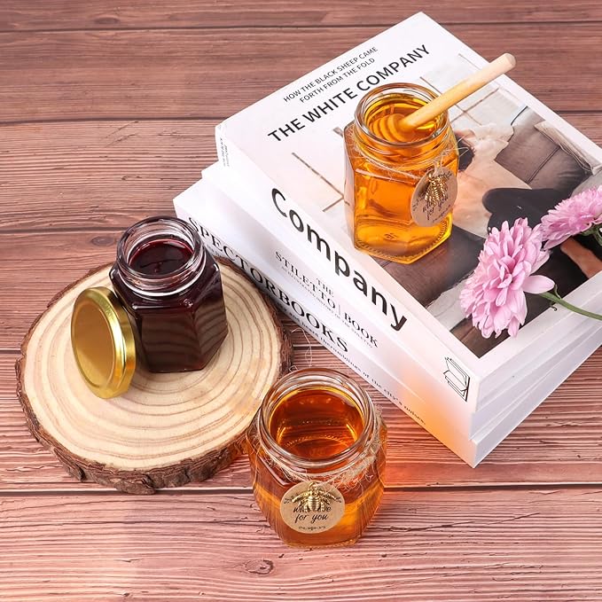 4 oz Mini Glass Honey Jars | 8-Pack Honey Jars with Wood Dippers, Gold Lids, Gift Bags, Bee Charms, Labels, Tags, Twine | Perfect for Baby Shower Party Favors, Wedding Favors, Bridal Showers