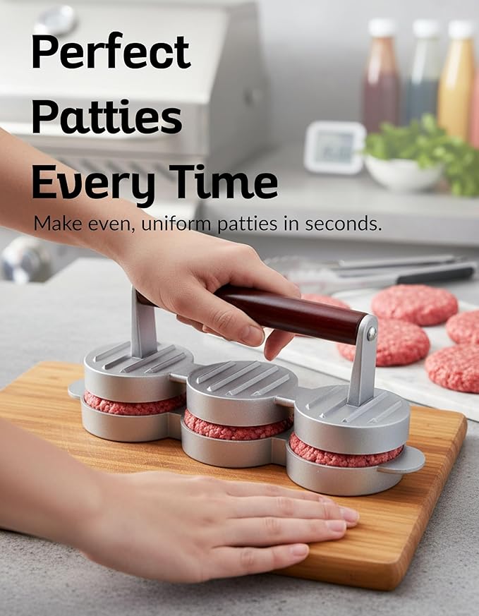 Boxiki Kitchen Mini Burger Press 3 Slot Slider Patty Maker for Hamburgers Veggie Burgers BBQ Compact Aluminum Press with Wooden Handle Dishwasher Safe Triple Patty Mold for Beef Turkey Sliders