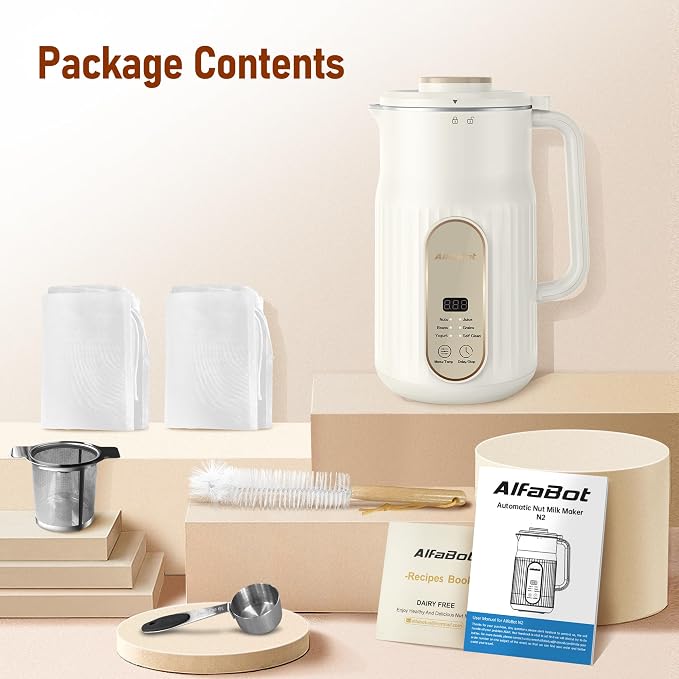 Nut Milk Maker, AlfaBot N2 Automatic Almond Milk Machine for Homemade Plant-Based Milk, Oat, Soy, Yogurt, 5 Modes/35OZ Big Capacity Soy Milk Maker with Delay Setting and Self Cleaning (White) | 5 Preset Modes, 12-Hour Delay Timer, for Almond, Soy, Oat,...