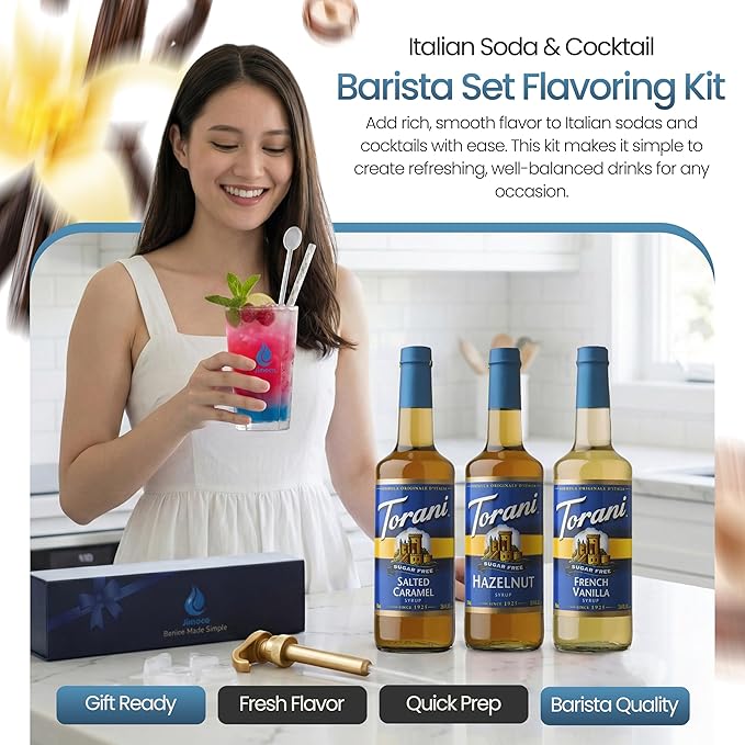 Jimoco Barista Set – Torani Sugar Free French Vanilla, Salted Caramel & Hazelnut Syrups (25.4 oz Each) with 3 Jimoco Syrup Pumps, Reusable Cups, Straws & Stirrers – Coffee, Italian Soda & Cocktail Flavoring Kit