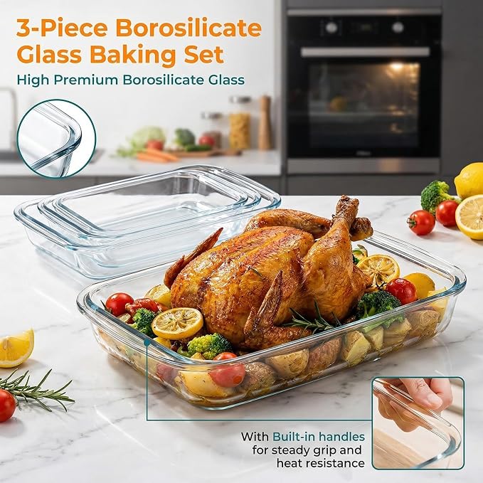 High Borosilicate Glass Baking Dishes for Oven, (2.3QT, 1.6QT, 1.0QT, 3 Pack) Rectangular Bakeware Sets, Deep Glass Casserole Dishes with Handle for Microwave, Baking, Meal Preparation