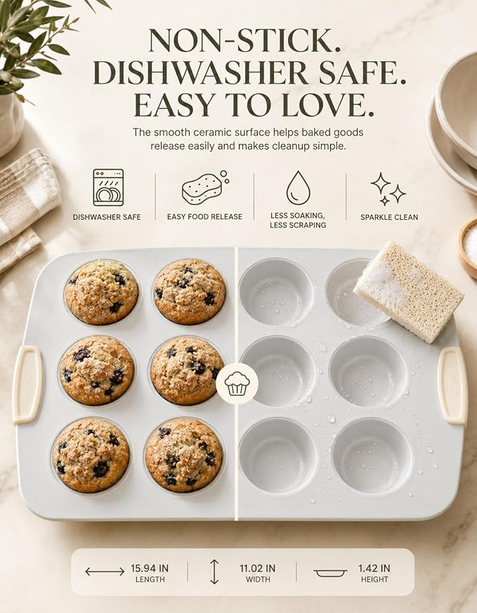 Boxiki Kitchen Ceramic 12-Cup Muffin Pan, 15.55"x11" Nonstick Cupcake Pan - Heavy Duty 0.6mm Aluminized Steel, KFCC Ceramic Coating, Oven Safe to 550°F, Rustproof & Warp Resistant Baking Pan