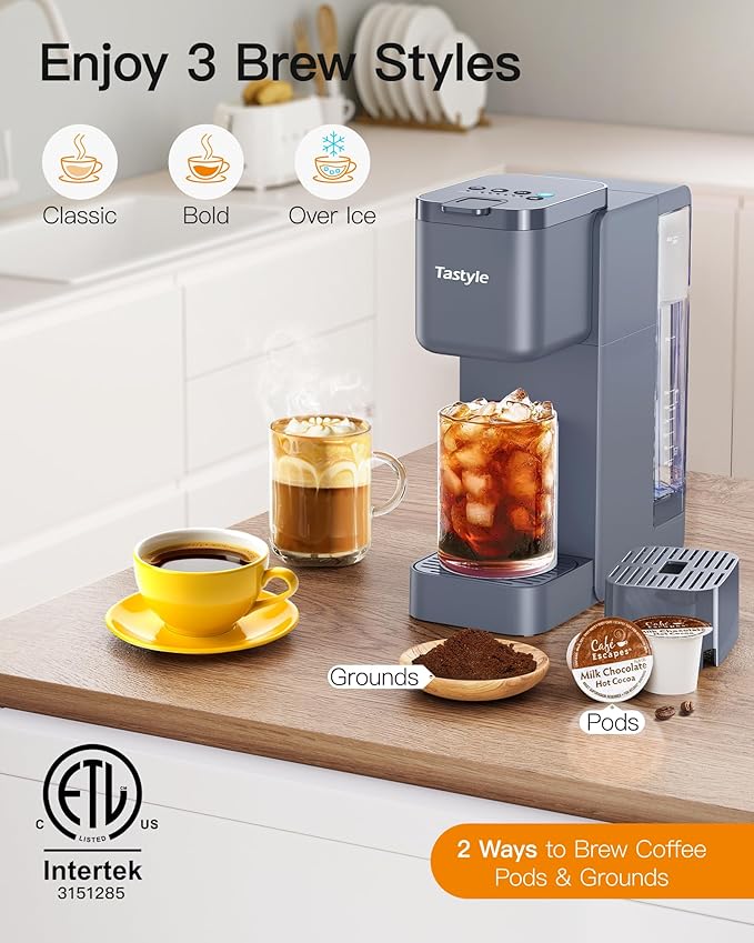 Tastyle Single Serve Hot & Iced Coffee Maker with Strong Brew, 40oz Removable Reservoir, 6 Brew Sizes, Compatible with K Cup and Grounds, Compact for Home, Office, RV and Dorm, Gray (2.0 Version)