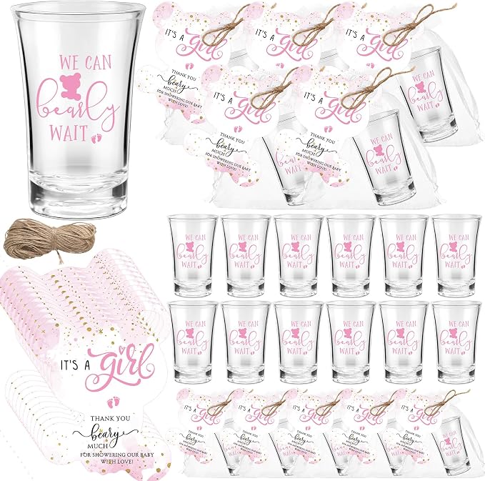 Pickmesh 25 Sets Baby Shower Favor for Guests Include Bear Girl Acrylic Clear Shot Glasses Thank You Cards Organza Bags Babies Shower Gifts for Gender Reveal Party Supplies