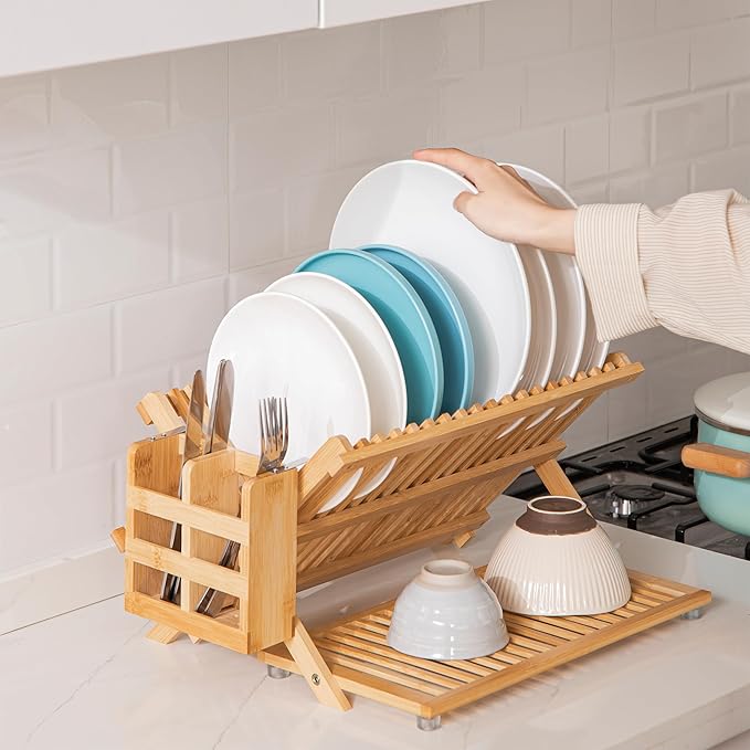 HBlife Bamboo Dish Drying Rack with Utensil Holder, 3-Tier Large Collapsible Wooden Dish Drainer Rack, Folding Drying Holder Dish Drainer for Kitchen Counter