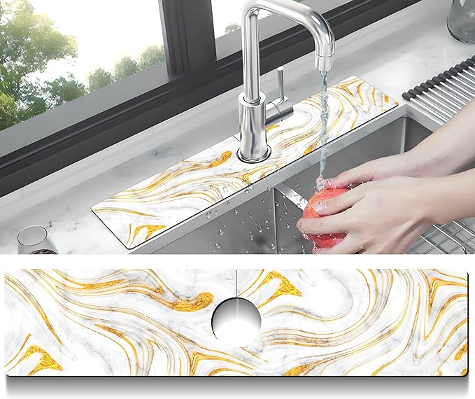 Kitchen Sink Splash Guard Faucet Mat Super Absorbent Fast Drying Mat Sink Gadgets Splash Guard Behind Faucet Drip Catcher for Kitchen (Marbling, 23.5x5.5in)