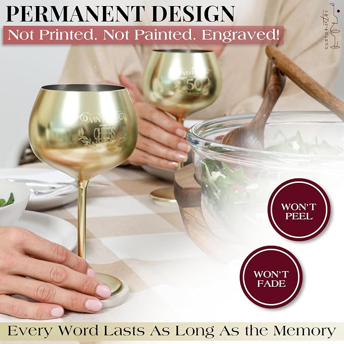 Gusto Nostro 50th Birthday Wine Glass - Classy 50th Birthday Gifts for Women/Men - Stainless Steel Wine Glass with Engraved Vintage Fifty Bday Quote & Gift Box - Gift for 50 Year Old Woman - Gift Idea