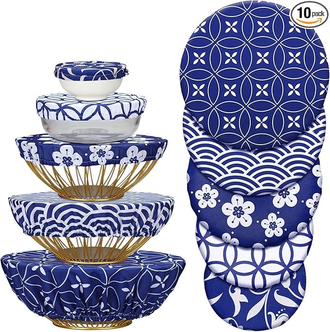 Patelai 10 Pcs Bowl Covers Reusable in 5 Size Stretch Cloth Fabric Elastic Food Storage Bowl Covers Bread Sourdough Lids for Proofing Food Fruits Leftover(Blue White,Stylish Style)