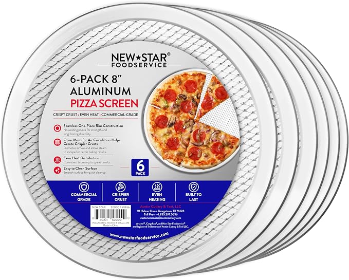 New Star Foodservice Restaurant-Grade Seamless Aluminum Pizza Baking Screen, 8 Inch, Pack of 6