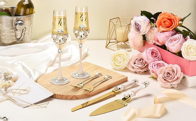 Wedding Cake Cutting Set, Luxury Handcrafted Crystal Champagne Flutes with Gold Petal Rhinestones and Pendant, Wedding Cake Knife and Server Set, Engagement Gifts for Couples, Gift-ready Box