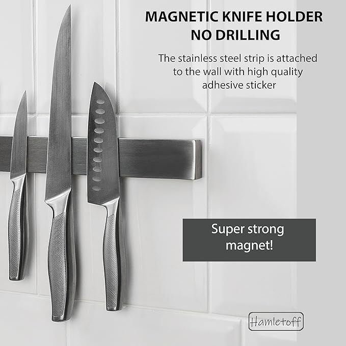 Premium Magnetic Knife Strip for Wall no Drilling – 17 Inch Stainless Steel Magnetic Knife Holder with Strong Adhesive Tape - Kitchen Magnet Knife Bar with Screws (Upgraded Version)