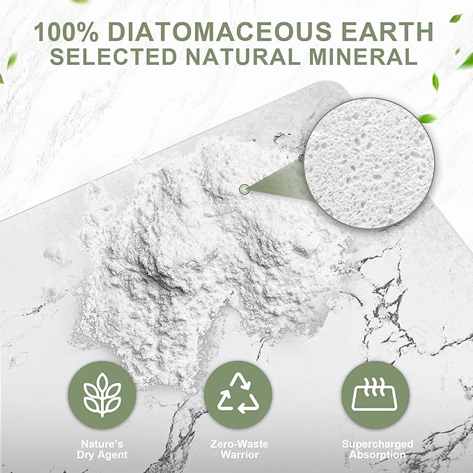 Large Stone Drying Mat for Kitchen Counter, 24" × 16" Diatomite Dish Drying Mat, Ultra Absorbent Diatomaceous Earth Dry Stone Mats with Dish Rack for Dished, Bottles, White Marble