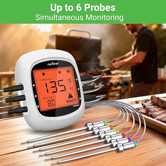 Nutrichef Bluetooth Meat Thermometer for Grilling and Smoking with 6 Wireless Meat Probes, 6 Channels with LCD Display