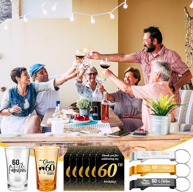 Domensi 50 Sets 60th Birthday Party for Guests Bulk Include Cheers to 60 Short Glasses Beer Bottle Opener Keychains Thank You Cards with Gift Bags and Ropes for Birthday Party Gifts