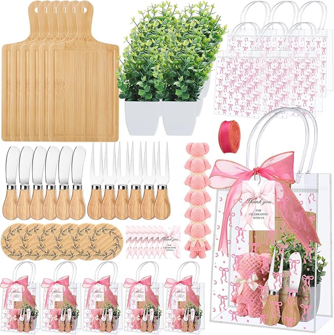 Honeydak 49 Pcs Baby Shower Prizes for Game Players 6 Sets Bamboo Cheese Board Fork Knives Coasters Towel Artificial Potted Plant Thanks Card Gift Bag for Baby Bridal Shower Wedding Favors (Pink Bow)