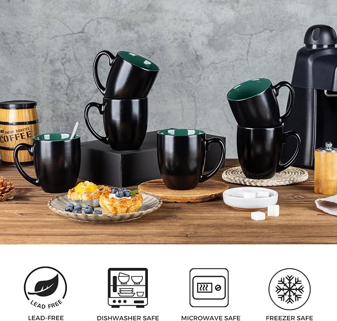 GBhome 16oz Coffee Mugs Set of 6, Large Ceramic Coffee Mugs for Man, Woman, Dad, Mom, Modern Coffee Mugs Set with handle for Tea/Latte/Cappuccino/Milk/Cocoa. Dishwasher&Microwave Safe,Green