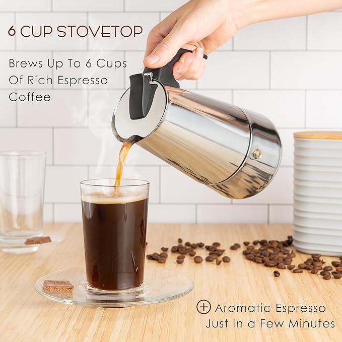Mixpresso Bronze Stainless Steel Airtight Coffee Container with Date Tracker For Coffee & Tea, Vacuum Sealed Airtight Container, Coffee Jar 16 Ounces, Bundle With6 Cup Greca Stovetop Espresso Maker 30