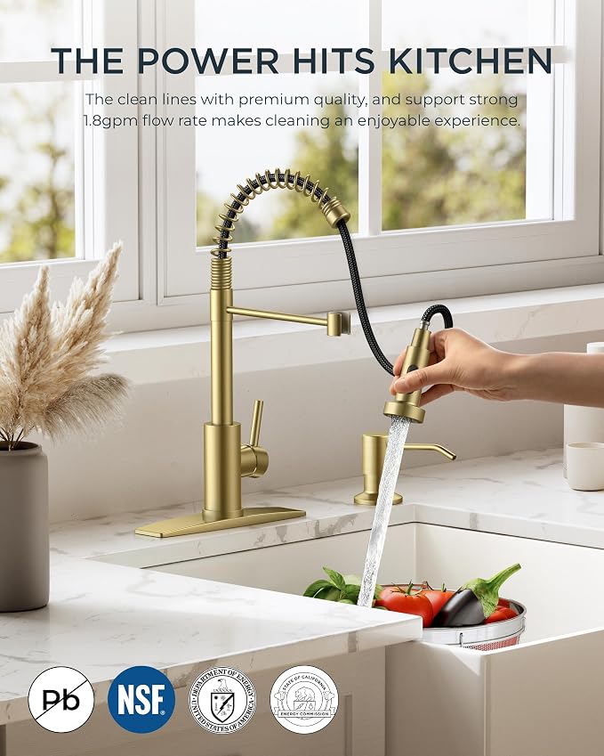 FORIOUS Kitchen Faucet with Soap Dispenser, Gold Stainless Steel Spring Sink Faucet with Pull Down Sprayer Transitional Single Handle for Pot Filler, Farmhouse Camper Bar Laundry Room