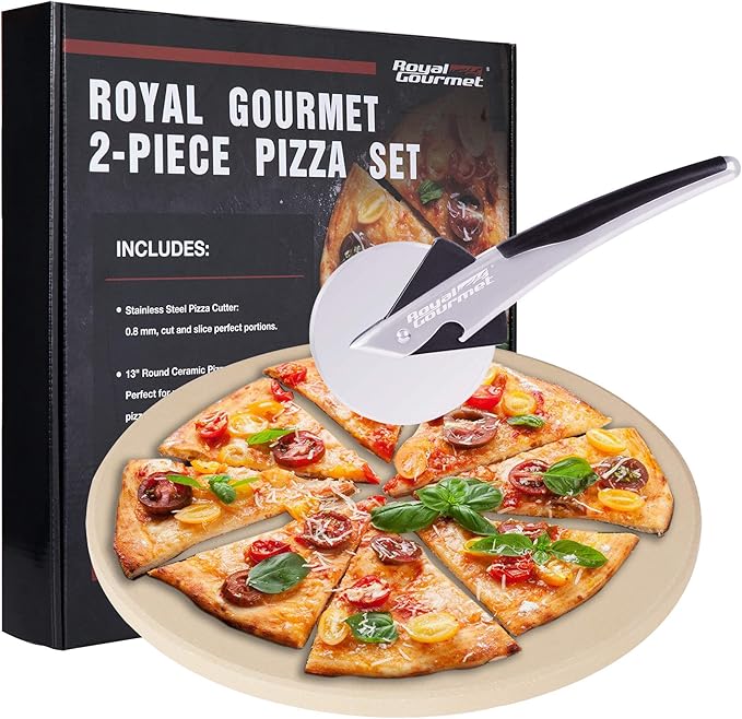 Royal Gourmet KSF1305 2 Piece Pizza Stone Set for Grill and Oven, 13 Inch Round Pizza Stone and Pizza Wheel Cutter, Baking Accessories