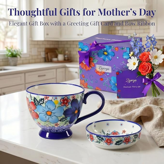 17oz Hand-Painted Ceramic Coffee Mugs with Handles & Lids | Decorative Soup or Tea Cup, Includes Saucer, Large Loop Handle, Microwave Safe, Fathers Day Dad Gifts from Daughter Son Wife