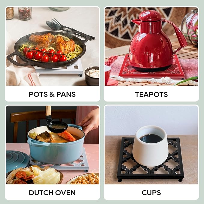 JOGREFUL Cast Iron Trivet Mats, Kitchen Pot Holders to Portect Table/Countertops, Heat Resistant Mats for Teapot/Hot Dishers/Plates, Vintage Mats with Weighted-Base, Gray