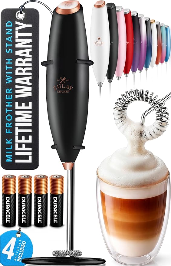 Zulay Kitchen Powerful Milk Frother Wand With 4 AA Duracell Batteries - Ultra Fast Handheld Drink Mixer - Electric Whisk Foam Maker for Coffee, Lattes, Cappuccino, Matcha & Creamer - Black Copper