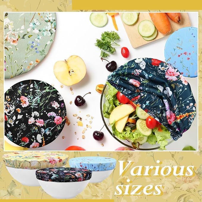 Patelai 10 Pcs Bowl Covers Reusable in 5 Size Stretch Cloth Fabric Elastic Food Storage Bowl Covers Bread Sourdough Lids for Proofing Food Fruits Leftover (Colorful,Rich Flowers)