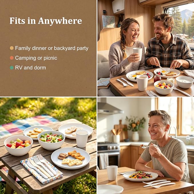 Dishes Set for 4, Wheat Straw Plate and Bowl Set, Unbreakable Kids Dinnerware Set 24 Piece, Microwave and Dishwahser Safe Dishware sets for Apartment, Kitchen, Camping, Dorm - White