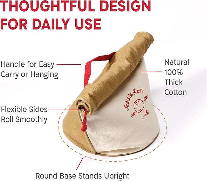 KNEADACE Reusable Bread Bags for Homemade Bread -Stylish Sourdough Bread Storage with Roll-Top Design, 100% Cotton & Food-Safe Lining, Freezer & Refrigerator Friendly, Gift for Bakers (Beige/Cream)