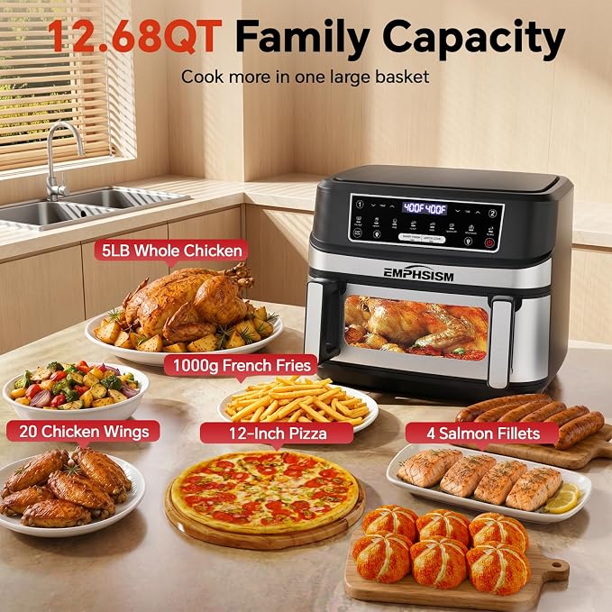 Emphsism 12QT Large Dual Zone Air Fryer with Divider, Match Cook & Smart Finish, Air Fry/Roast/Bake/Toast/Dehydrate/Reheat/Keep Warm/Preheat, Nonstick Dishwasher-Safe Basket, Digital Touchscreen