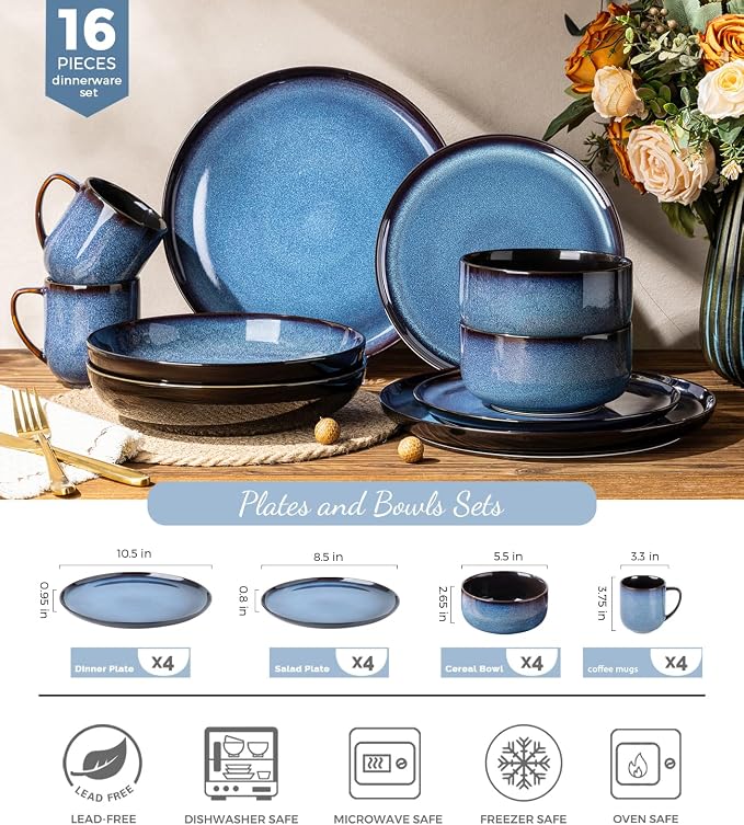 LERATIO Ceramic Dinnerware Sets for 4,16-Piece Reactive Glaze Plates and Bowls Set with Mugs,Highly Chip and Crack Resistant | Dishwasher,Microwave & Oven Safe Dishes set-Blue