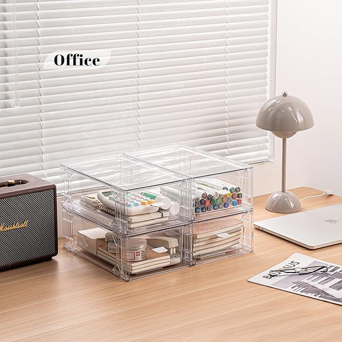 Clear Acrylic Stackable Storage Drawers, Plastic Organizer Bins with Handles for Undersink, Cabinet, Fridge, Closet, Pantry, Office, Bathroom, Kitchen(4 Pack)
