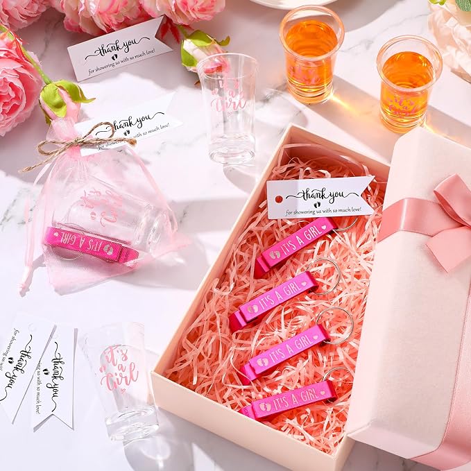 50 Sets Baby Shower Favor for Guests Acrylic Shot Glasses with Bottle Opener Keychains Thank You Tags and Bags Gender Reveal Party Favors for Guest Baby Shower Return Gift(Girl)