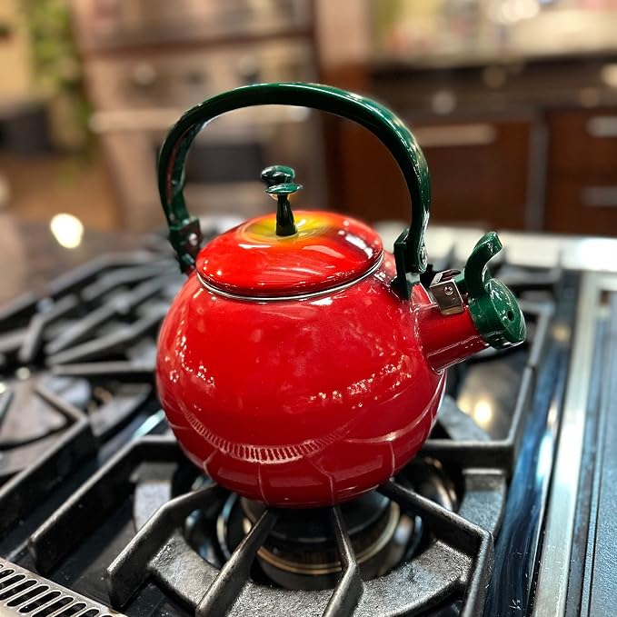 UPware Enamel on Steel Whistling Tea Kettle, Stovetop Teakettle (1.6 Quart, Apple)