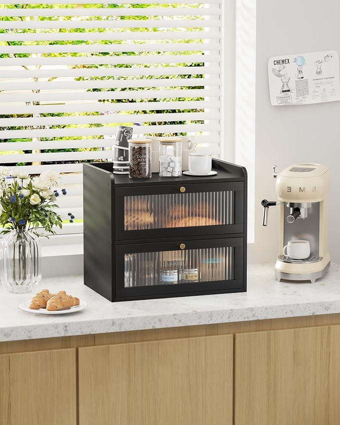 Kitsure Bread Box - 2-Tier Bamboo Bread Box for Kitchen Countertop, Bread Storage Container with Magnetic Acrylic Door, Pantry Organizers and Storage for Loaves, 15" x 9.8" x 13.2", Black